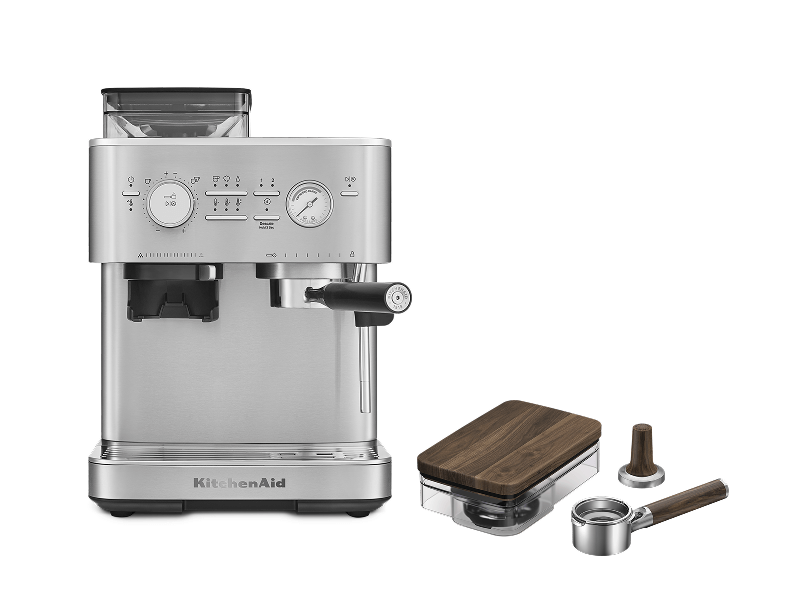 Semi Automatic Espresso Machine with Walnut Wood Accessory Kit - Brushed Stainless Steel